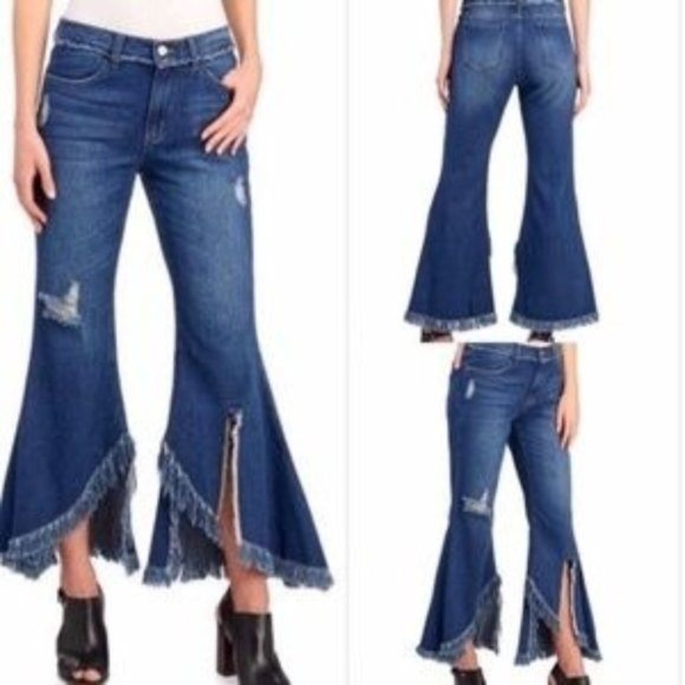 For The Republic Womens Distressed Flare Bell Bottom Jeans Blue Frayed Hem Sz 8